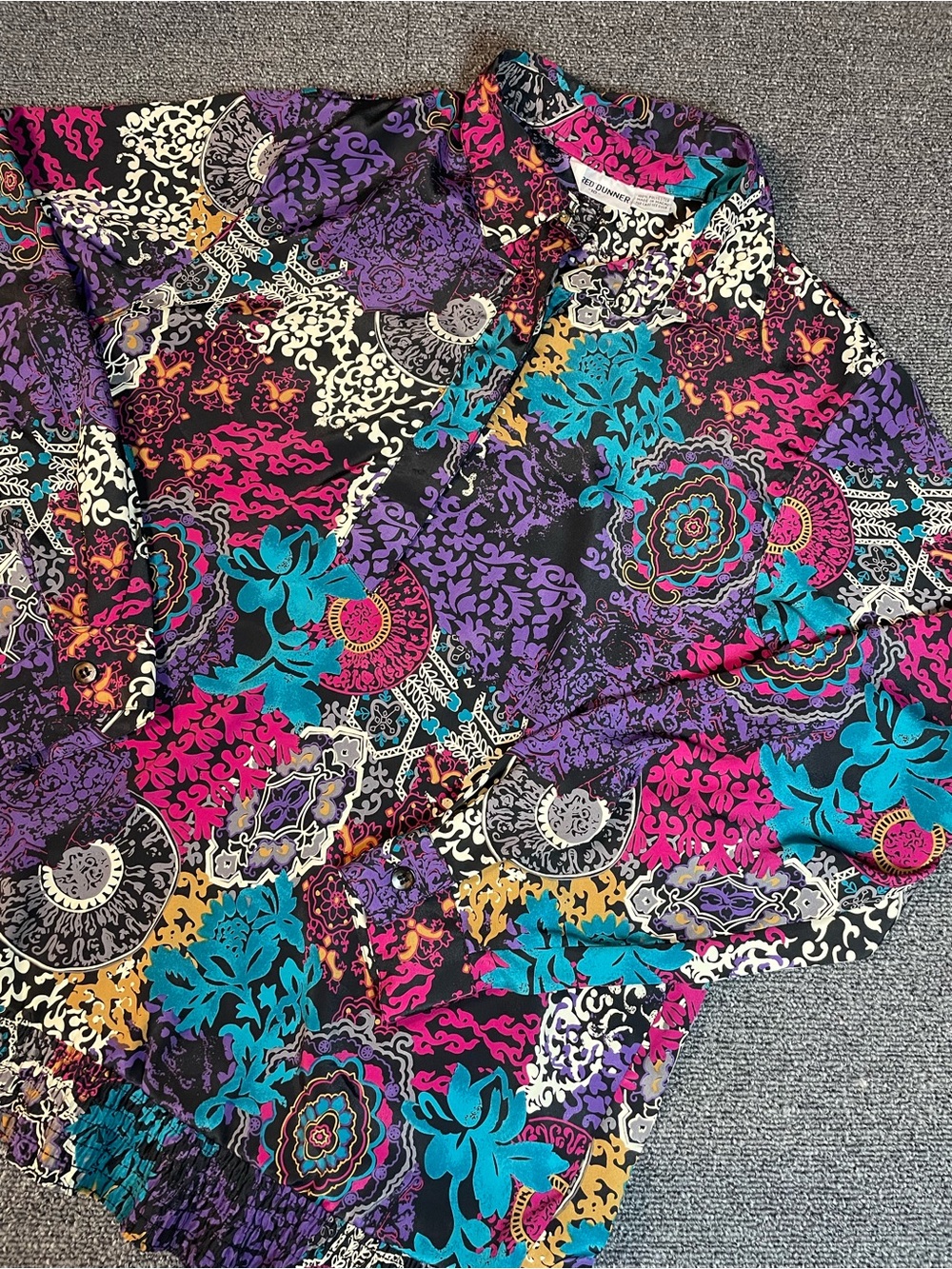 Vintage Alfred Dunner Bold Colorful Floral/Baroque Print Blouse w Elastic Hem